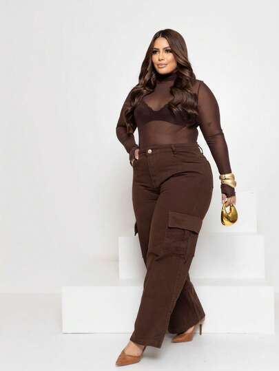 Calça Jeans Feminina Wide Leg Cargo Plus Size Marrom