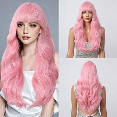 26 tum persikofärgad peruk med lugg, lång lockig vågig värmebeständig syntetisk peruk för kvinnor, lämplig för dagligt bruk och fester