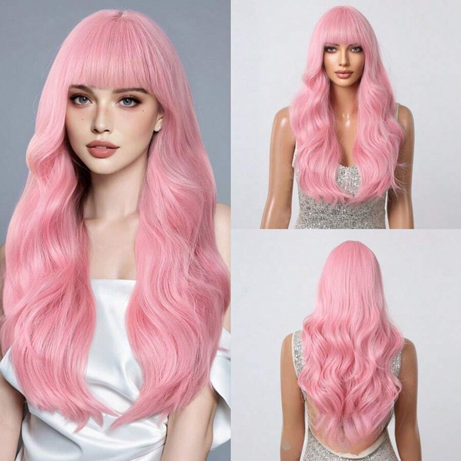 26 英寸桃色假发，带刘海，长卷发波浪形耐热合成假发，适合女士日常佩戴和派对 - 粉色 - 查看 1