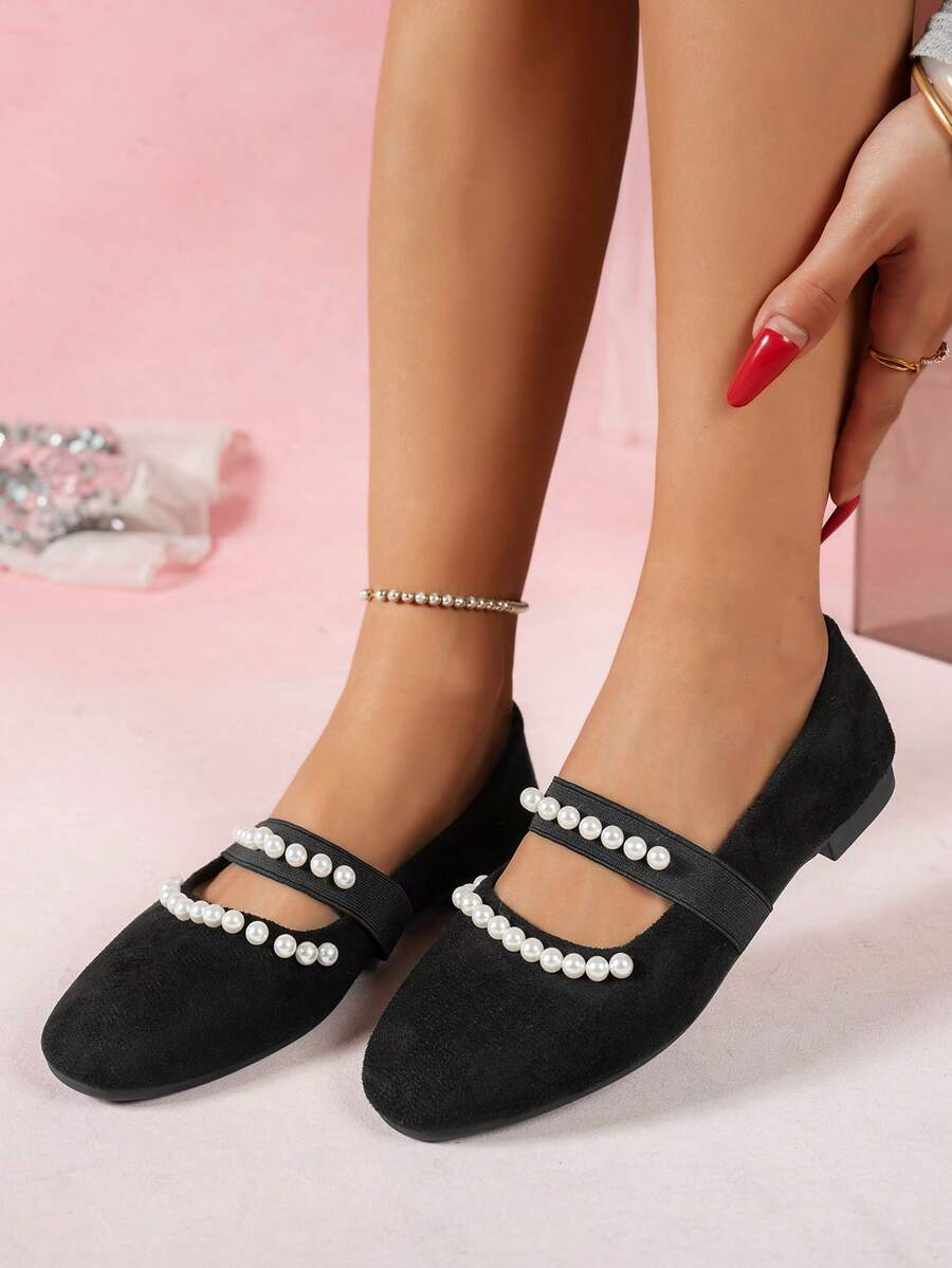 qishangda [Qishangda] Round Toe Pearl Decor One-Strap Flat Mary Jane Shoes, Plus Size