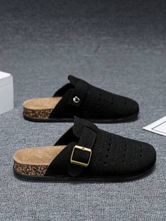 Women's Slippers 2025 New Fashion Versatile Retro Closed Toe Slippers, Hollow Breathable Hole Shoes, Street Style, Faux Suede Slip-On , Metal Buckle Thick Sole Non-Slip Soft Cork Outdoor Travel Sandals
