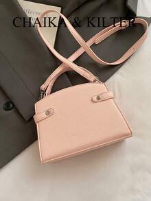 新款夏季荔枝纹女士手提包，时尚可调节肩带斜挎包，简约纯色高端金属装饰单肩通勤包，粉色 - 粉色 - 查看 8