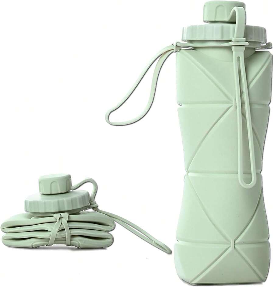 Collapsible Bottle Travel Essentials [Double Leak-Proof Design] [Bottle Cap With Safety Rope] BPA Silicone Foldable Bottle Outdoor Hiking Sports, Lightweight (Green)