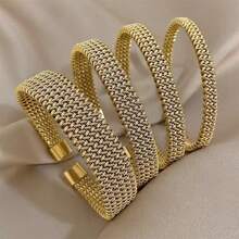 VKHK 1 Pc Vintage 18K Gold Plated Stainless Steel 5/10/15MM Braided Mesh Open Bracelet For Women Daily Party Wear Jewelry Gift