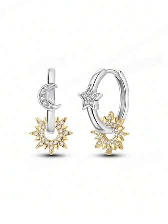 1 Pair Asymmetric Earrings, Silver-Tone Copper Alloy Cubic Zirconia Sun, Moon, Star Design