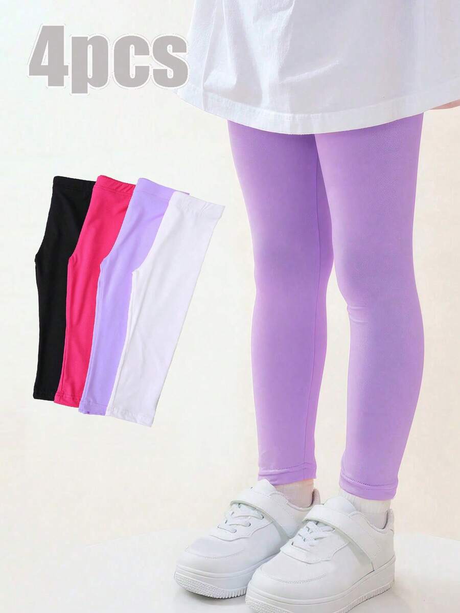 4 Pairs Kids' Solid Color Slim Fit Leggings, Girls' All-Match Versatile Casual Socks For All Seasons