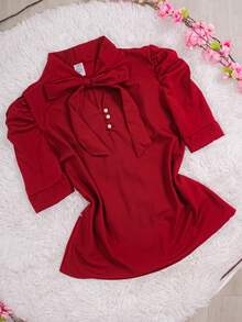 Women's Formal Blouse With Short Puff Sleeves And Bow No. 8 - 酒紅色 - 查看 1