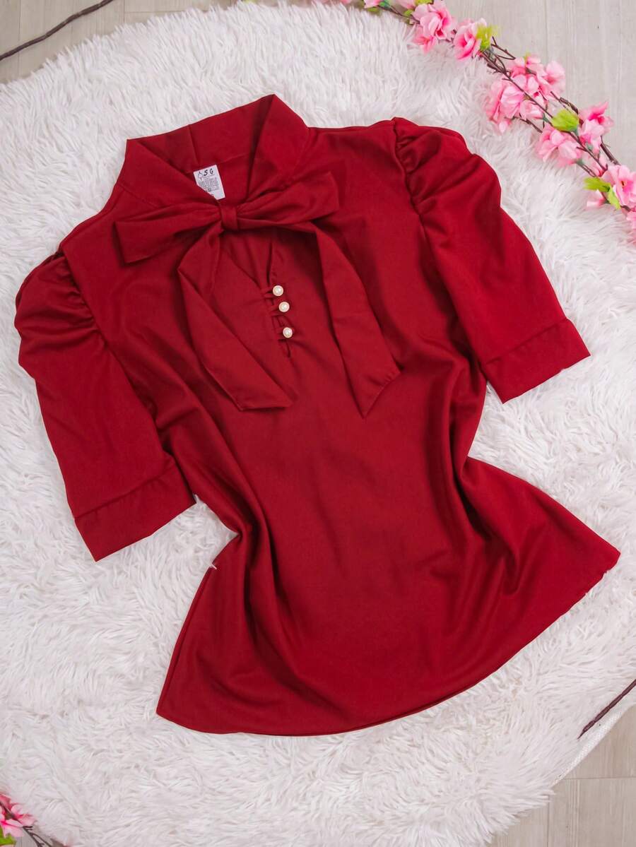 Women's Formal Blouse With Short Puff Sleeves And Bow No. 8 - 酒紅色 - 查看 1