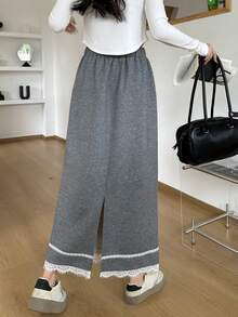 高腰抽绳蕾丝拼布开叉下摆半身裙，修身针织直筒裙，设计细节，秋季 - 深灰色 - 查看 5