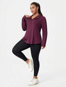 Blusa de manga larga con cremallera de cuarto para mujer de talla grande - Rojo - Ver 5