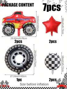 7 件套怪物卡车和轮胎形状铝箔气球套装，包括星形铝箔气球、黑白格子气球，适用于生日、洗礼、球赛主题派对用品