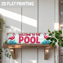 2D Flat, 1 Piece Vintage Flamingo Pool Metal Sign - Aqua Blue And Pink Vintage Design, 3.93x 15.74inch , Durable Outdoor/Indoor Hanging Decoration, Suitable Poolside, Bathroom, Terrace And Summer Parties, Distressed Effect, Home Decoration, Outdoor Garden Art, 2D Flat