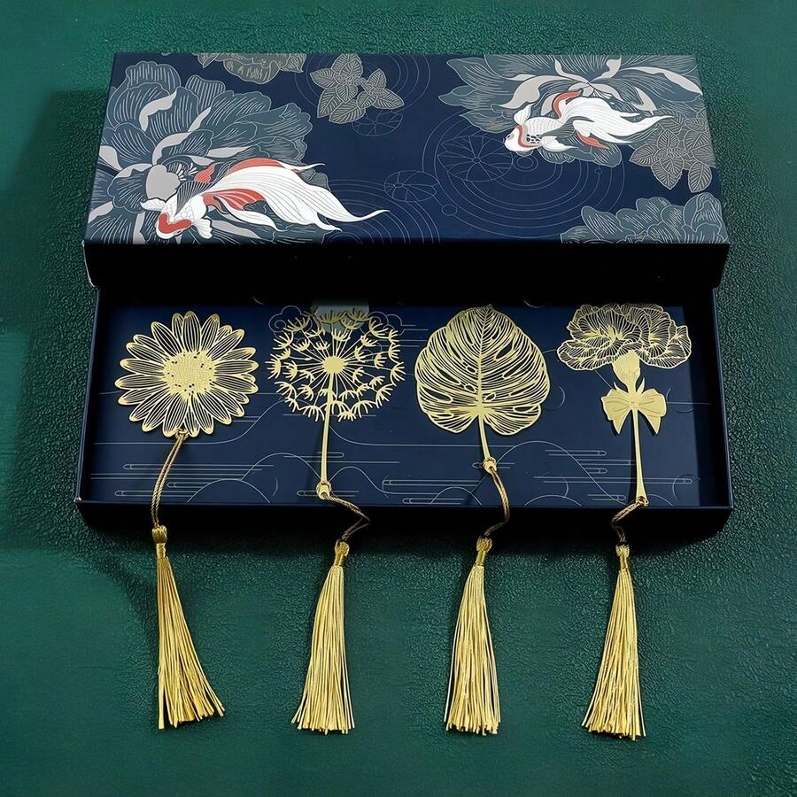 TOCHAIN 4 件/1 件镀金花卉金属书签，书签套装 - 康乃馨、向日葵、叶子、蒲公英、流苏书签，适合爱书人、作家、读者、生日、毕业典礼、节日、情人节、婚礼季、返校、圣诞节、万圣节礼物、教师用品、圣经学习用品 - 金色 - 查看 1