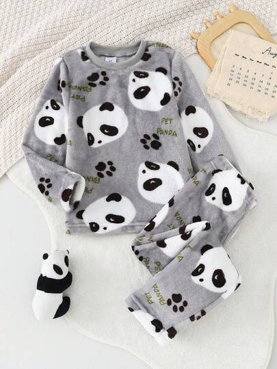 Conjunto de 2 peças de roupa de dormir confortável para meninos, tecido de pelúcia, estampa de panda fofo, uso diário para casa, outono/inverno