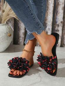 Schleifenflache Sandalen, Feenartiger Stil Pantoffeln mit Blumen Dekor, Damen Sommer Zehentrenner