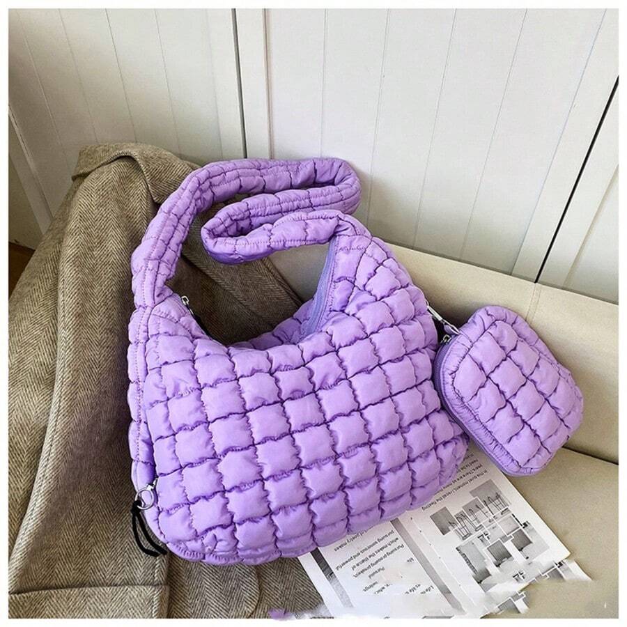 18'' Large Quilted Puffer Bag With Pouch For Women Large Puffer Tote Bag & Quilted Makeup Bag Quilted Hobo Lightweight Padding Puff Purse Tote Bag Soft Padding Hobo Shoulder Handbag Carryall Bag Lightweight For Women Everyday Work Travel - 2 trong 1 màu tím - Xem 1