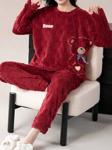 Cute Striped Fluffy Pajama Set, Bear Pattern Comfortable Wool Flannel Fleece Thick Warm Fluffy Pajama Set , Women's Polyester Sleepwear Top And Pants, Suitable For New Year , Long Sleeve Round Neck Top & Pants Homewear 2-Pieces Set, Fall Winter Clothes, Christmas, Cozy - Đỏ - Xem 7