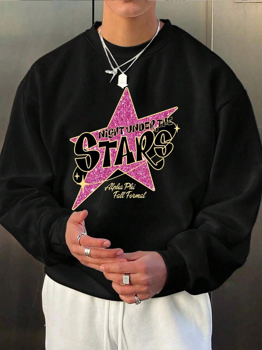 Plus Size Men's Letter Print Crew Neck Sweatshirt - Black - View 1