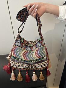 大容量时尚韩版流苏休闲包，2025新款多功能单肩斜挎包 - 綠色 - 查看 5