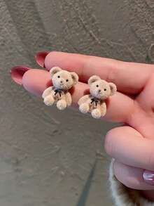 1 Pair Girl's Cute Plush Teddy Bear Earrings, Bunny Earrings Christmas Birthday Party Gift - Multicolor - View 8