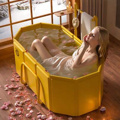 Home-Use Adult Foldable Bathtub With Thickened Design For Enhanced Bathing Comfort; No Installation Required; Portable And Easy To Store; Suitable For Ice Baths And Regular Bathing; Comes With A Complimentary Towel Rack; Ideal As A Gift. Bathroom Decor Summer Bathroom Accessories Back To School