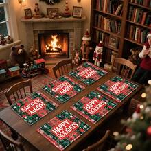 1 set/4 pièces/6 pièces Napperons motifs Père Noël et sapin de Noël, napperons rectangulaires en polyester lavables en machine, protecteurs de table, napperons thermoprotecteurs, décorations de table de restaurant, fournitures de fête, décorations de Noël, peuvent être offerts en cadeau