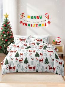 3pcs/Set Christmas Bow Reindeer Christmas Tree Print Duvet Cover Set(1 Duvet Cover & 2 Pillowcase)Soft And Skin-Friendly Duvet Cover Bedding Set For Home, All Season Bed Sheets Set Christmas Gift