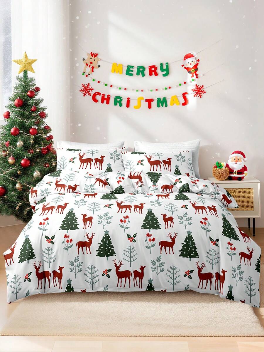 3pcs/Set Christmas Bow Reindeer Christmas Tree Print Duvet Cover Set(1 Duvet Cover & 2 Pillowcase)Soft And Skin-Friendly Duvet Cover Bedding Set For Home, All Season Bed Sheets Set Christmas Gift