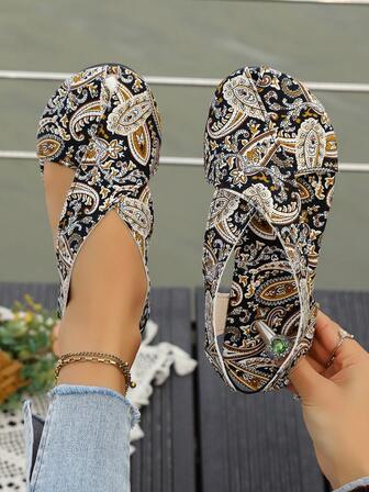 波西米亚风交叉绑带凉鞋，印花平底套脚弹力舒适休闲沙滩时尚百搭女士平底凉鞋