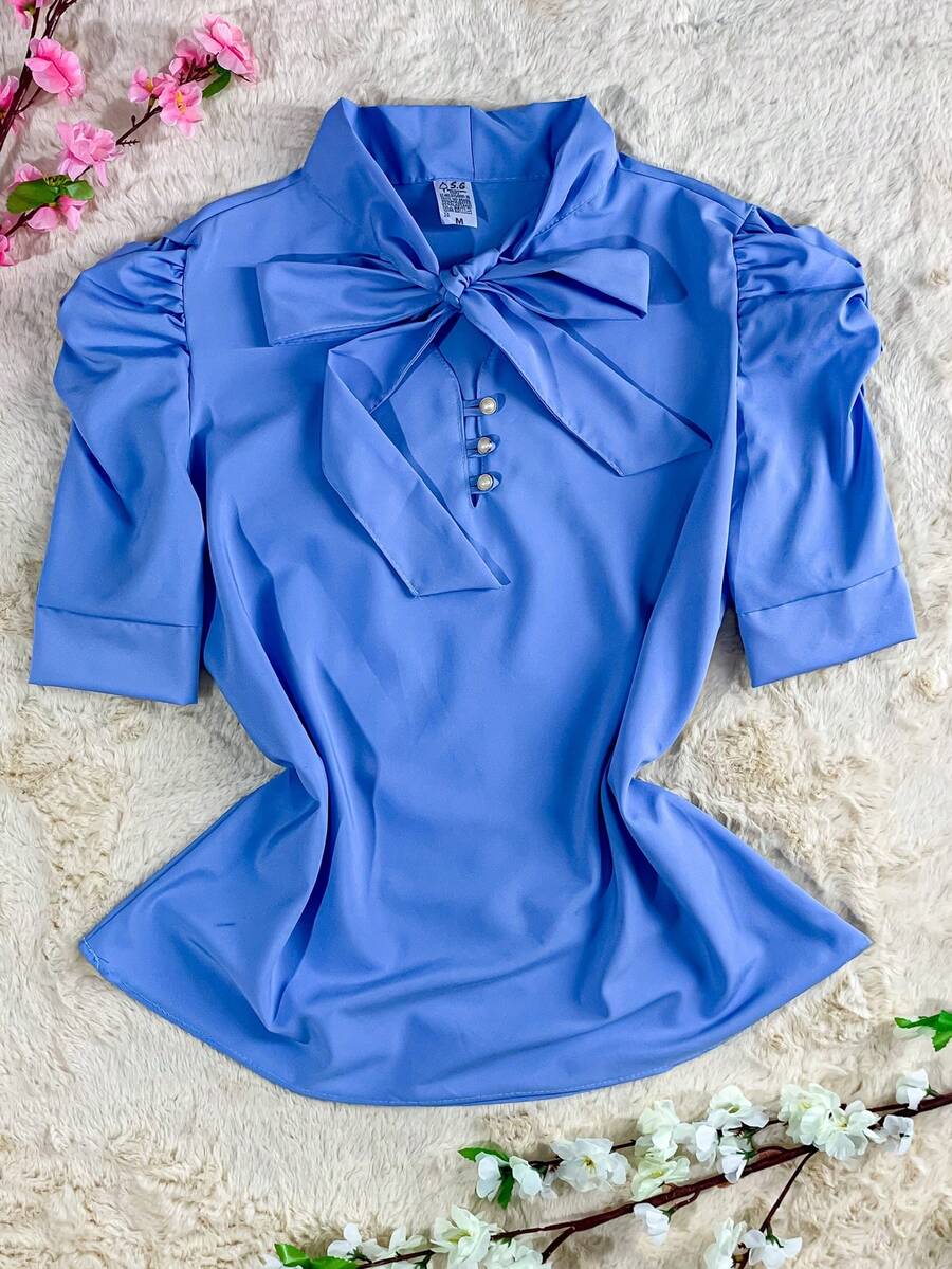 Women's Formal Blouse With Short Puff Sleeves And Bow No. 8 - 淺藍色 - 查看 1