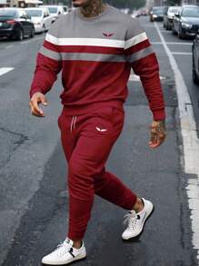 2pcs Men's Casual Striped Print Crew Neck Sweatshirt And Sweatpants Sports Suit, Streetwear Sports Casual Outfit Suitable For Outdoor Activities, Spring Season , Fall Clothes