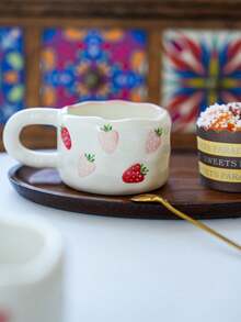 1pc Korean Ins-Style Hand-Painted Ceramic Coffee Cup & Saucer Set, Asymmetrical Cup Body With Cherry & Strawberry Pattern, Practical Ceramic Drinkware For Office, Casual, Breakfast, Afternoon Tea