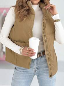 Women's Casual Loose Warm Zip-Up Top Jacket For Winter - Khaki - View 1