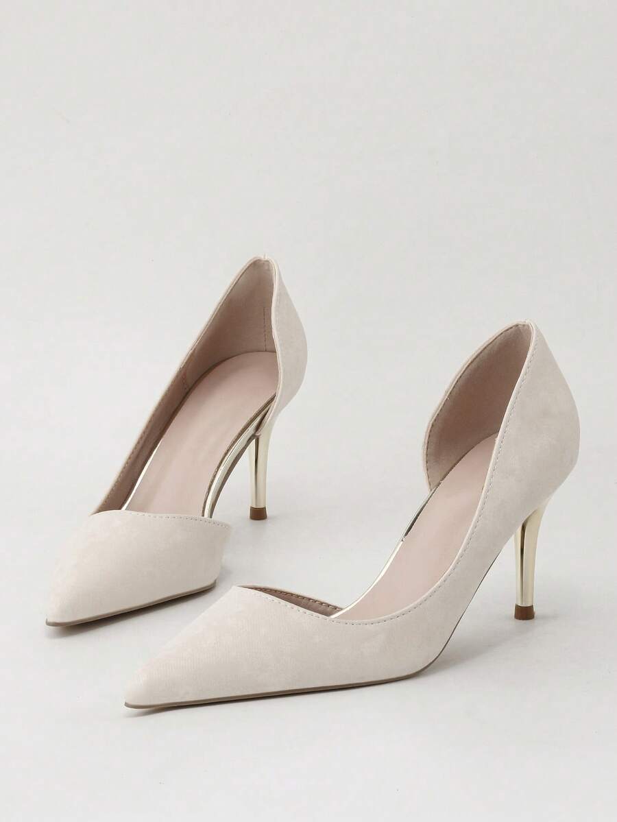 2025秋冬季时尚尖头侧镂空性感细高跟女鞋，优雅 - 米色 - 查看 1