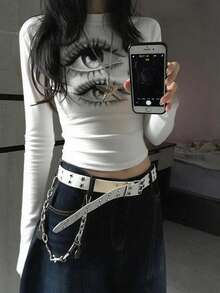 圆领长袖T恤American Hottie春秋新款眼睛图案字母印花女短款修身塑身衣 - 白色 - 查看 1