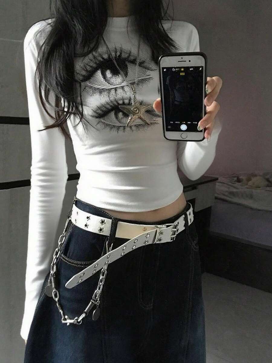 圆领长袖T恤American Hottie春秋新款眼睛图案字母印花女短款修身塑身衣 - 白色 - 查看 1