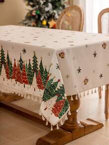 1 szt. świąteczny obrus, czerwony, zielony, biały, wzór choinki, beżowa koronka, zmywalny, dekoracja domu, obrus imprezowy, odpowiedni do kuchni, jadalni, spotkań towarzyskich, kolacji, przyjęć świątecznych, dekoracji noworocznych, artykułów świątecznych, prezentów, dekoracji jesiennych, wesołych świąt
