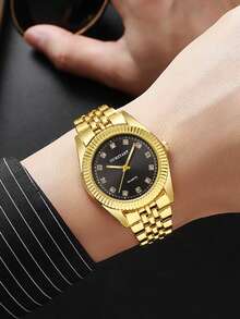 GUANQIN 男士金色腕表，镶钻表盘，耐磨不锈钢表带，时尚商务奢华运动经典简约休闲机械风格，男士自动石英表，适合父亲节、学生、节日、约会、商务、日常佩戴、送礼等场合。 - 金色 - 查看 5