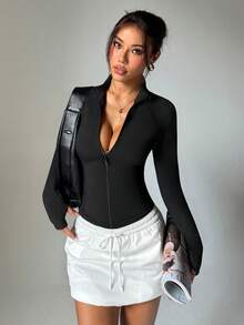 Women's Black Textured Fabric Zip-Up High Neck Minimalist Fashion Thumb Hole Knit Sports Jacket