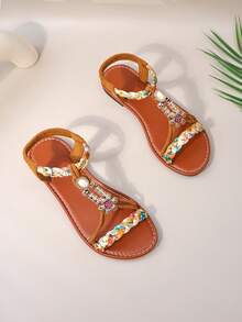 1 para młodzieżowych, tkanych, kolorowych, ozdobnych kwiatów z imitacji skóry, z odkrytymi palcami i płaskim dnem, w stylu boho, idealnych na codzienne podróże i wakacje - Brązowy - Zobacz 8