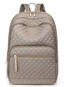 Women's Nylon Solid Color Quilted Large Capacity Versatile Backpack, Minimalist Casual Student Backpack, Commuter Bag - Khaki - View 8