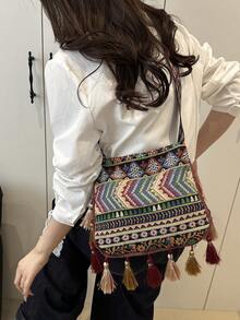 大容量时尚韩版流苏休闲包，2025新款多功能单肩斜挎包 - 綠色 - 查看 8