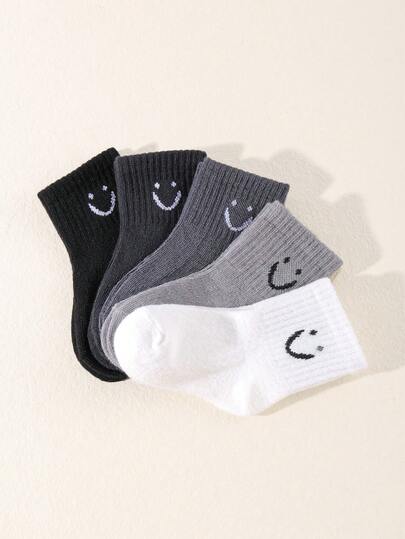 5 Pairs Kids Socks With Face Pattern, Black & White, All-Match Versatile Mid-Calf Socks, Casual Sports Socks For Back To School Season