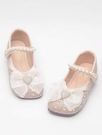 Girls' Princess Shoes, New Spring/Autumn Children's Leather Shoes, Crystal Soft Sole, Suitable For Dresses, Little Girls' Shiny Bow Shoes