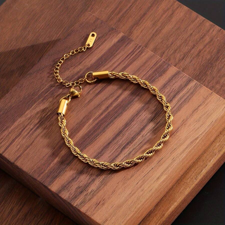 1pc Minimalist & Stylish Jewelry, Stainless Steel Twisted Bracelet, Unisex Couple Jewelry Suitable For Daily, Vacation, Party Wear - Yellow Gold - View 1