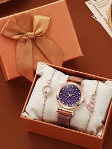 3 件套时尚简约优雅紫色设计石英表、表带和手链套装，适合青少年和学生、万圣节、感恩节、生日礼物 - 紫色 - 查看 3