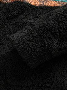 Men's Solid Black Double-Sided Fleece Patchwork Contrast Color Ollie Print Hooded Full-Zip Drawstring Casual Sweatshirt, Suitable For Daily Casual, Fashion, Commuting, Street Style In Autumn/Winter, Long Sleeve Top - Black - View 6