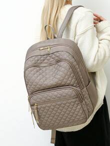 Women's Nylon Solid Color Quilted Large Capacity Versatile Backpack, Minimalist Casual Student Backpack, Commuter Bag - Khaki - View 4