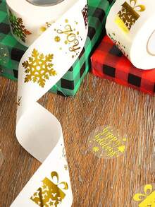 500 piezas/Rollo Pegatinas transparentes con lámina de oro "Feliz Navidad", etiquetas decorativas para embalaje de regalos, pegatinas para envolver regalos de Navidad, decoraciones navideñas, pijamas navideños, regalos de Navidad, decoración navideña - Multicolor - Ver 3