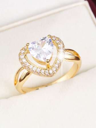 1pc Double-Layer Heart-Shaped Christmas Gift Design Cubic Zirconia Women Ring